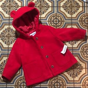 NEW $45! Baby Girls 12-18 Months Red Hooded Pea Coat Bear Ears Winter Jacket